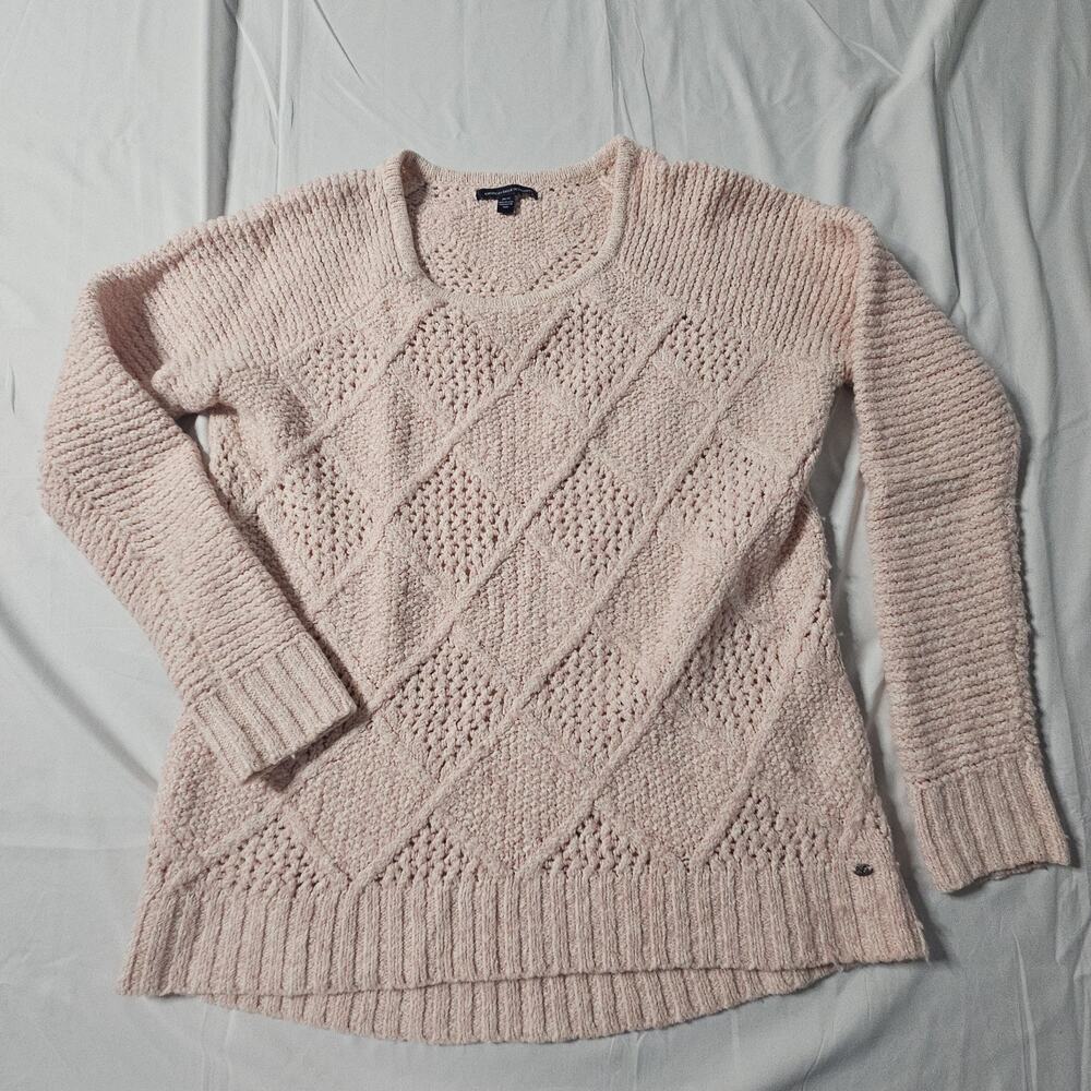 American Eagle Women's M Cable Knit Sweater Pink Cotton Wool Blend Crewneck